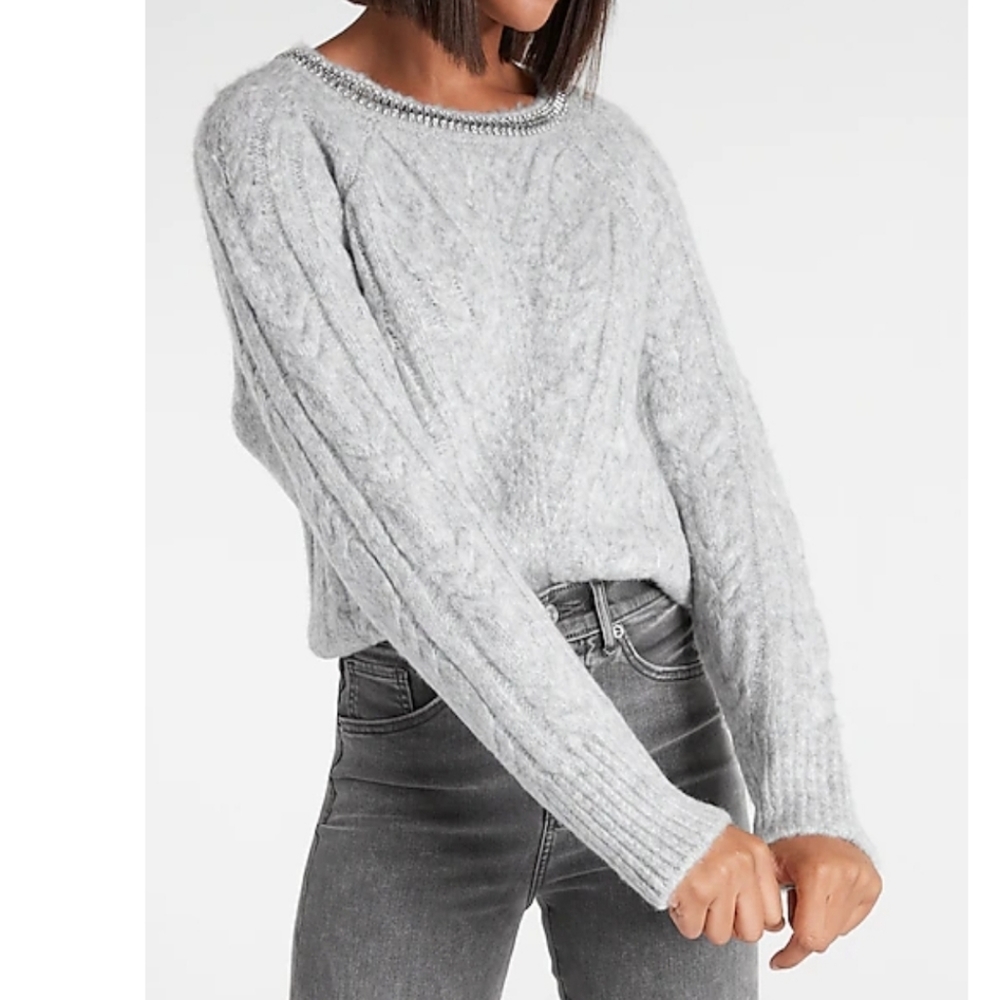 Express Cable Knit Embellished Neckline Sweater